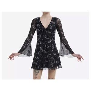 Hot Topic Thorn & Fable Moth Bell Sleeve Dress Black Mesh Goth Mini Medium